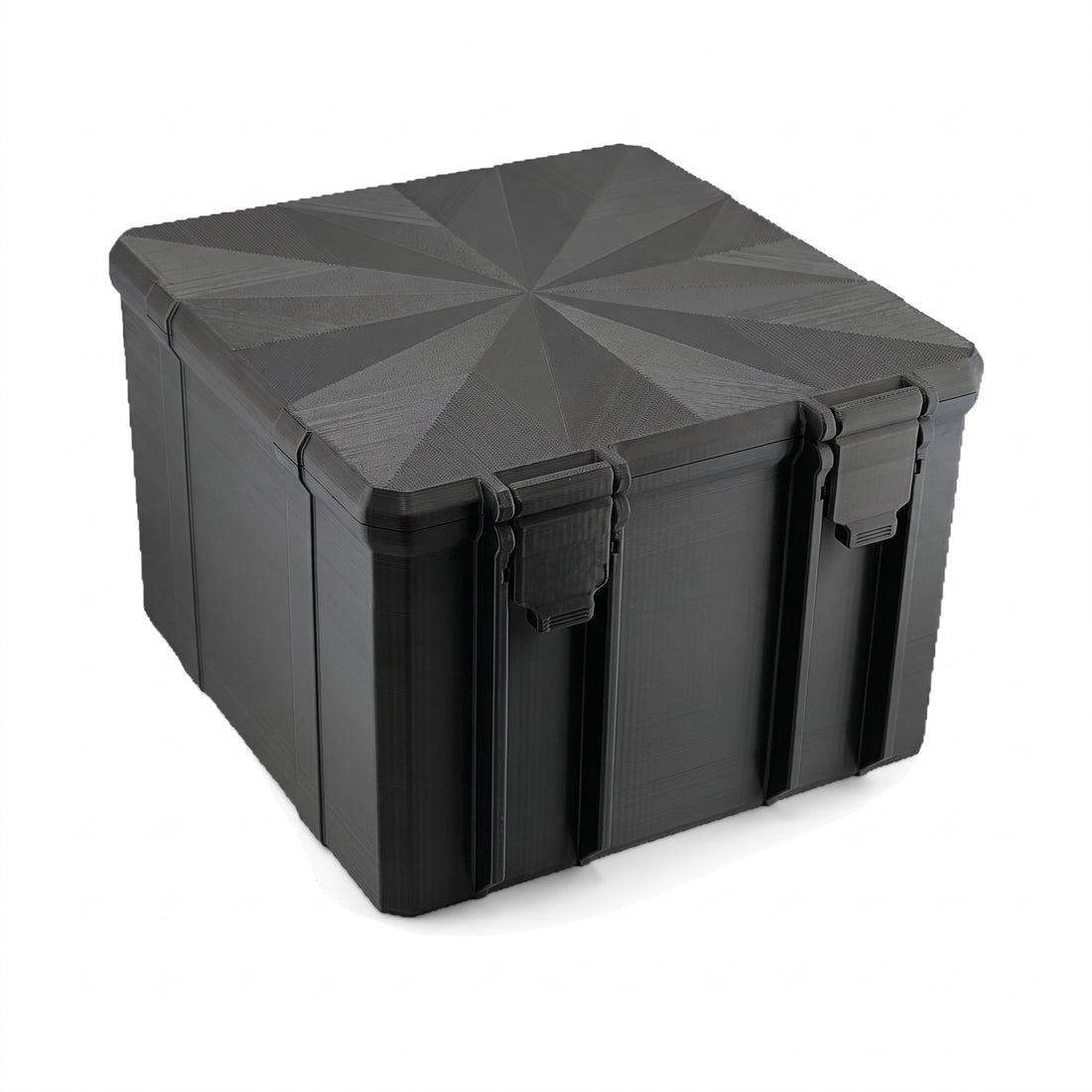 300-slot 3 mL vial case in black, closed, with a faceted starburst lid and two front latches
