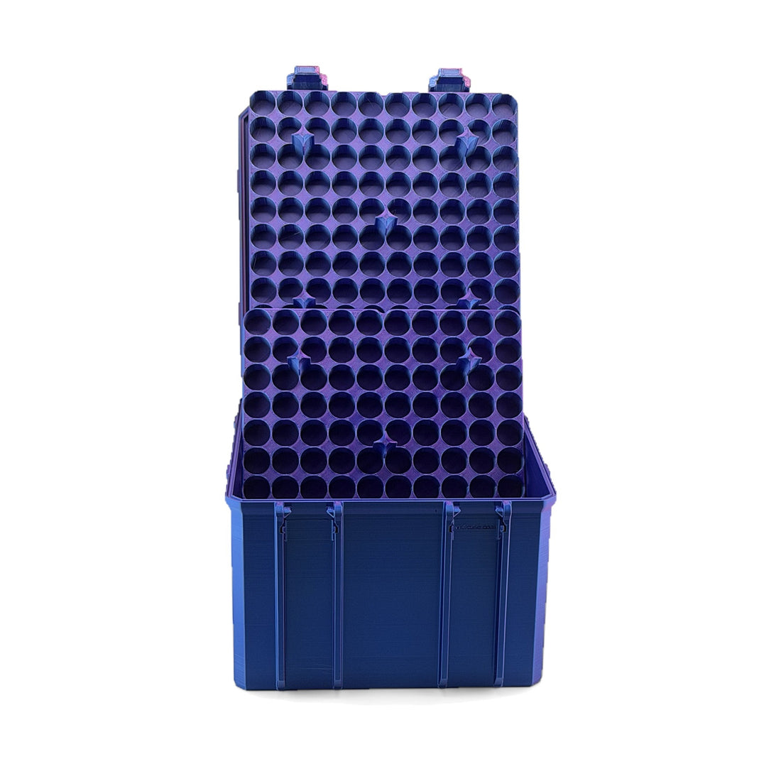 300-slot 3 mL vial case in RGB Metallic, lid open with two 100-slot vial trays standing upright in front of the lid