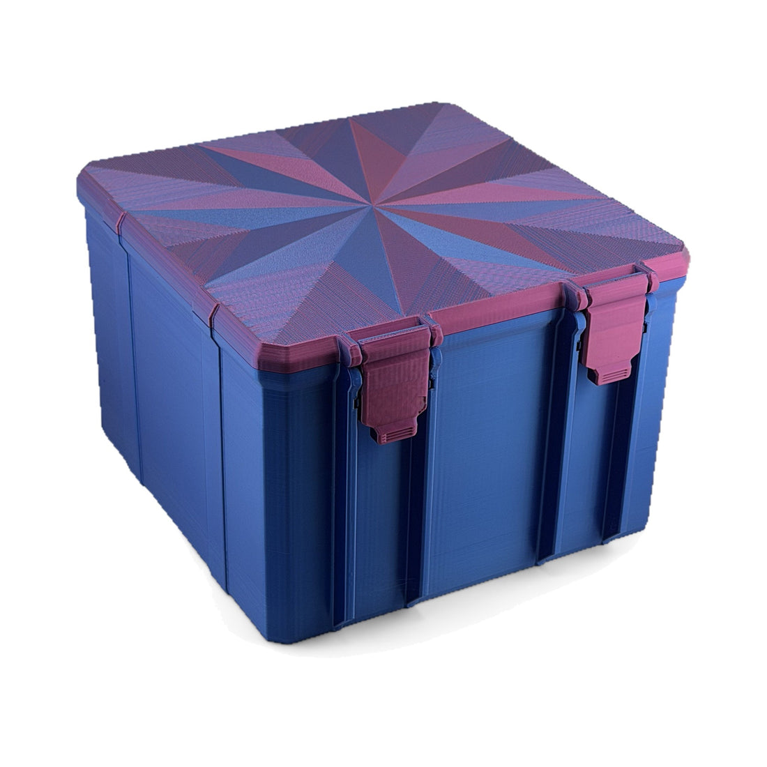 300-slot 3 mL vial case in RGB Metallic, closed, blue body with a pink starburst lid and two front latches