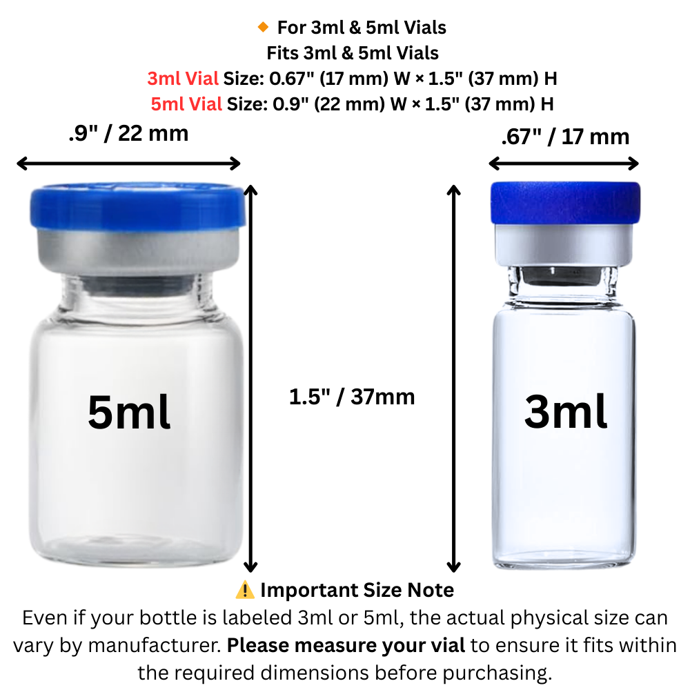 Measurement chart for 3ml and 5ml vials with blue caps, showing dimensions.