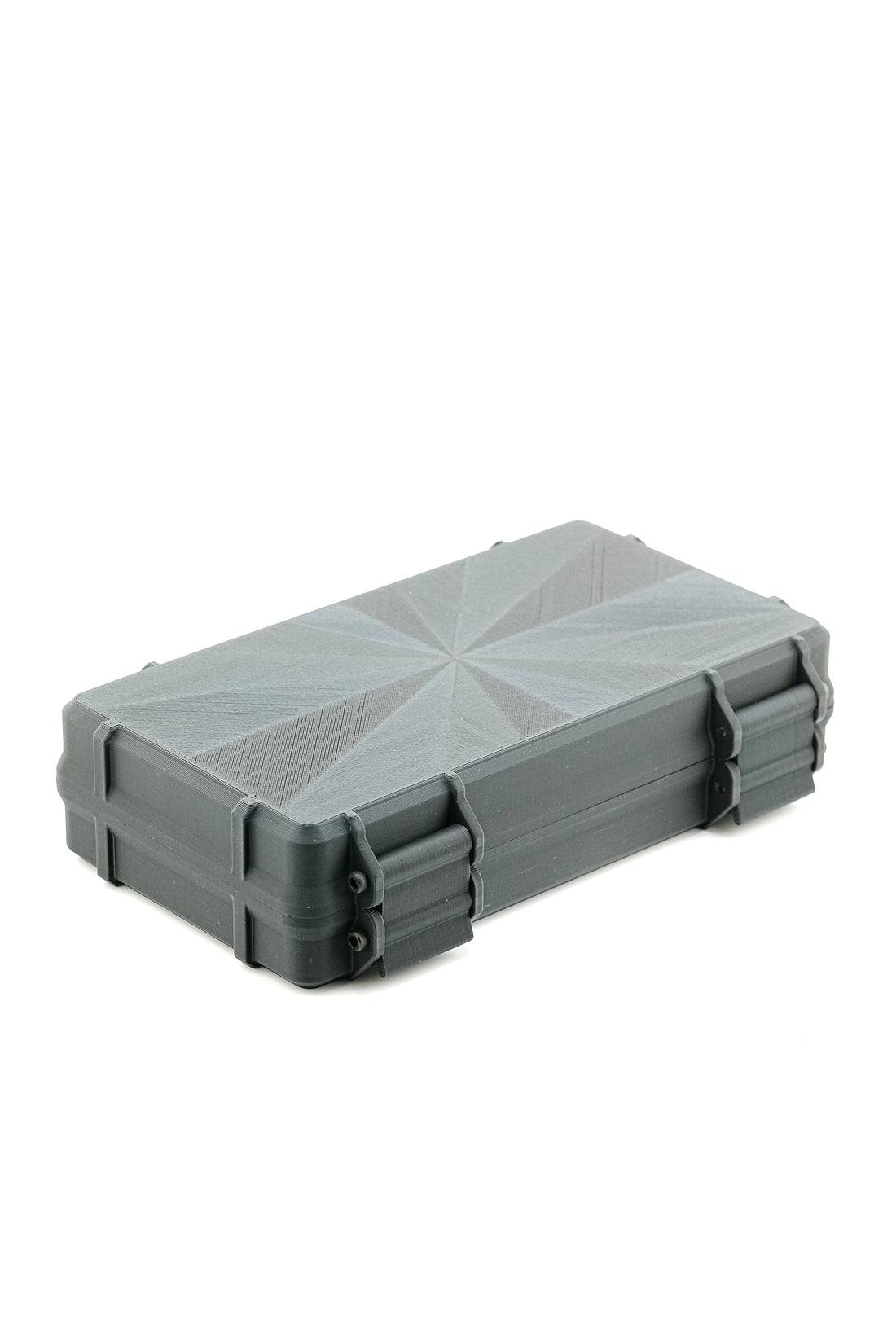 Gray hard-shell carrying case on a white background