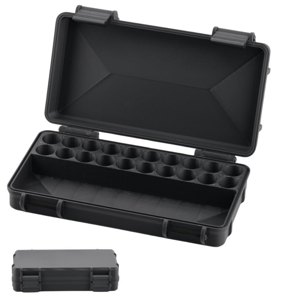 Black 20-slot 3 ml vial organizer, in-use scene with vials loaded into slots