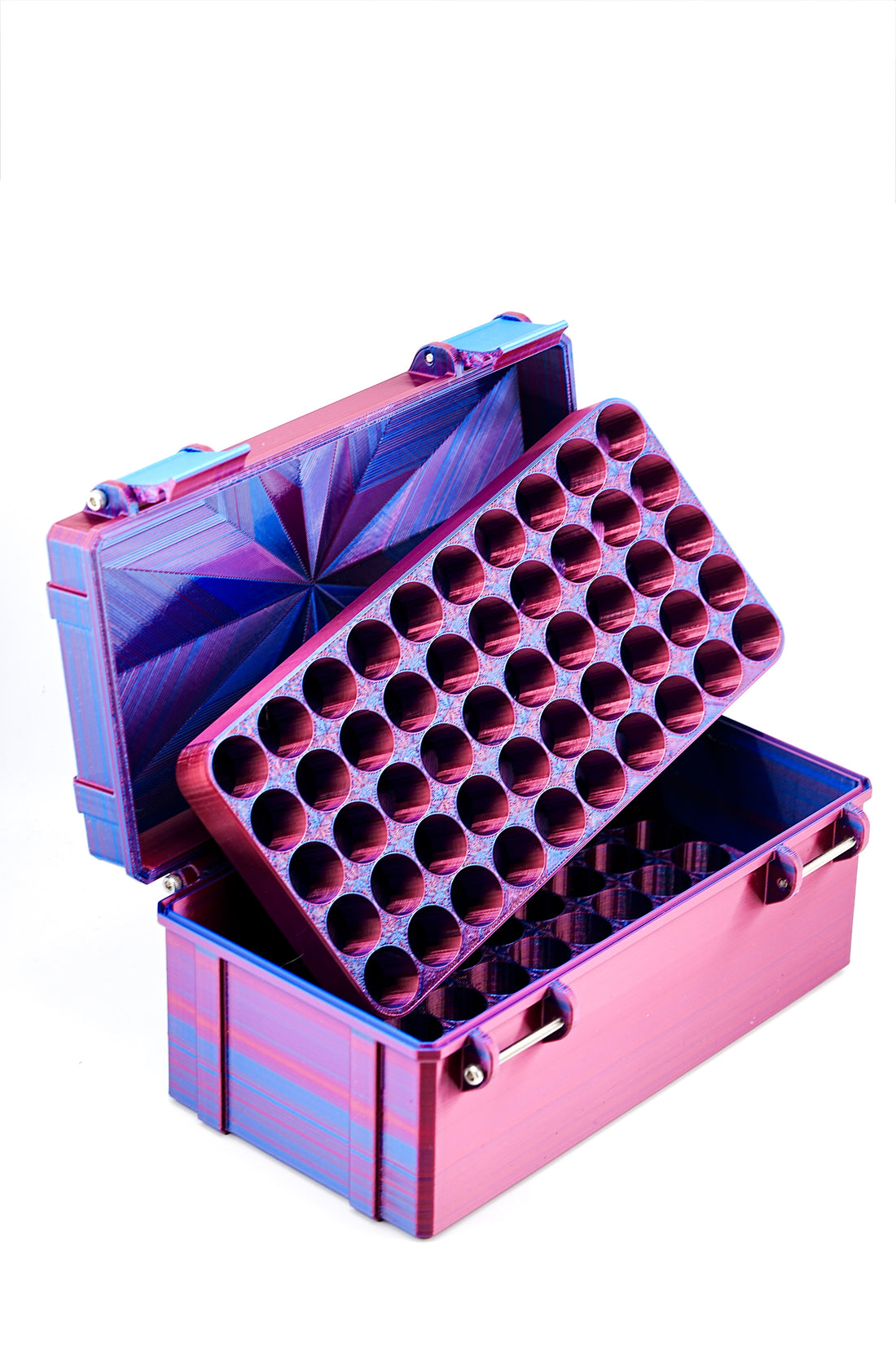 Pink and purple vial case with multiple compartments on a white background