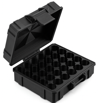 Black plastic case with multiple compartments on a white background