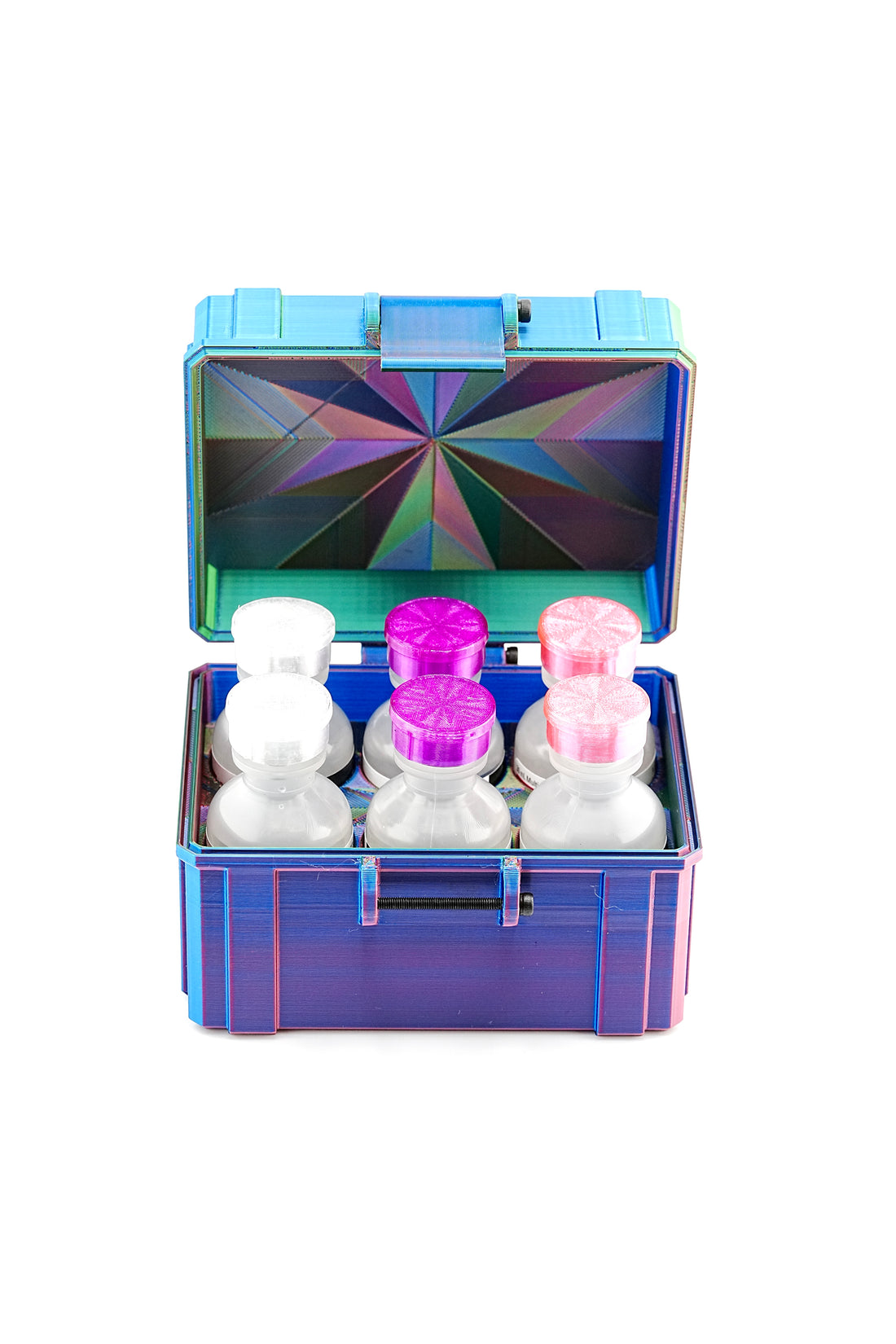 Colorful vial case with bottles and mirrors on a white background