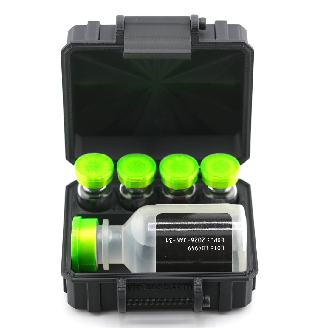Black storage case with green-lidded bottles on a white background