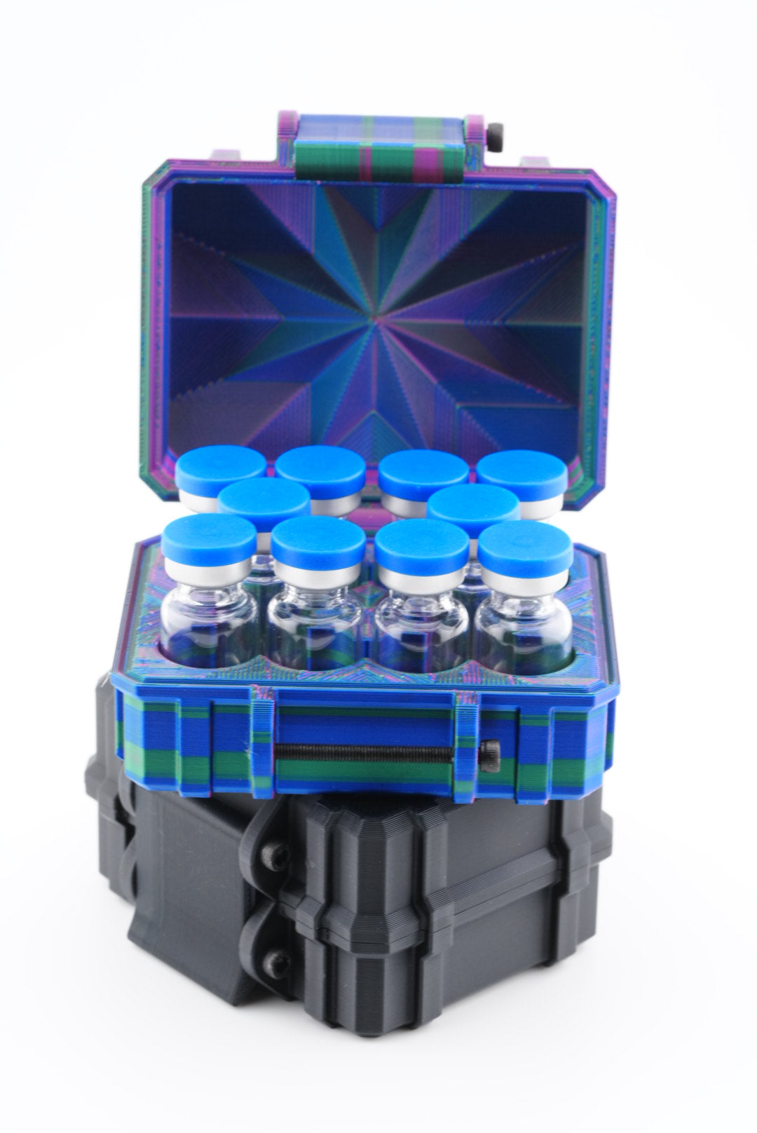 Complex vial case with blue and black components on a white background