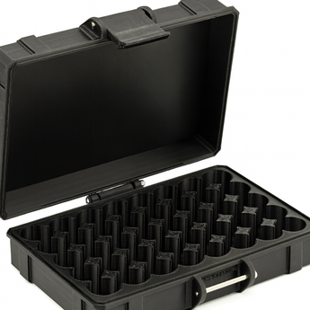 Black vial case with multiple compartments on a white background