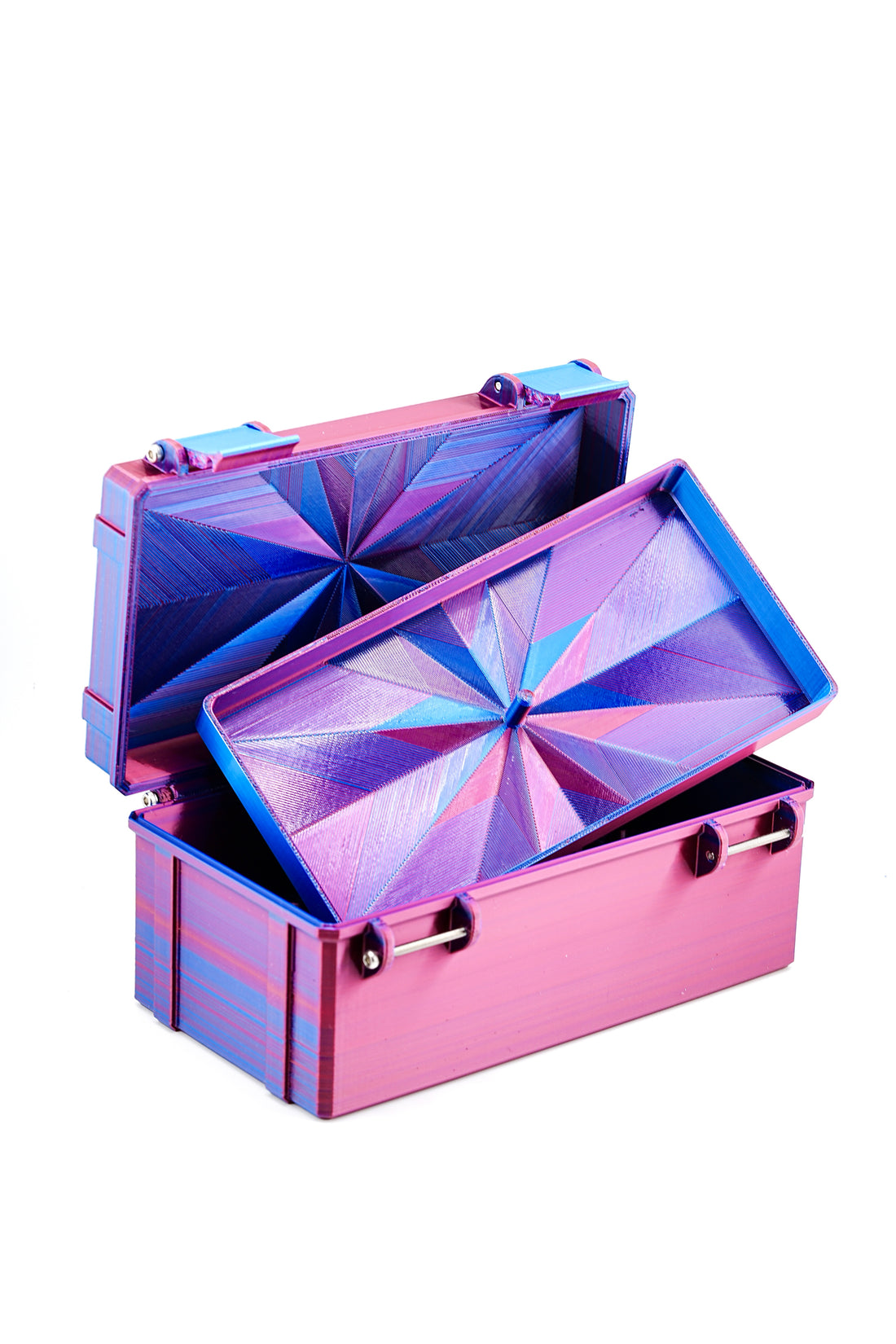 Iridescent vial case box with a geometric design on a white background