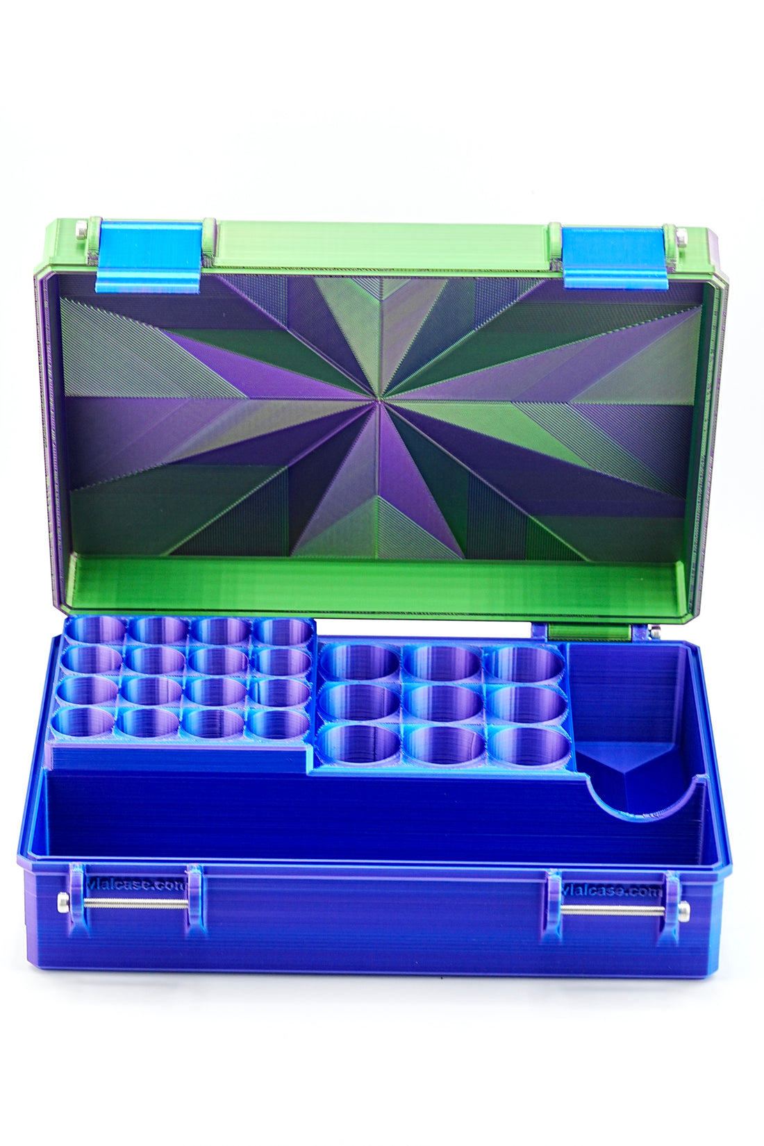 16-slot 3 ml vial organizer, side view of case depth and hinges