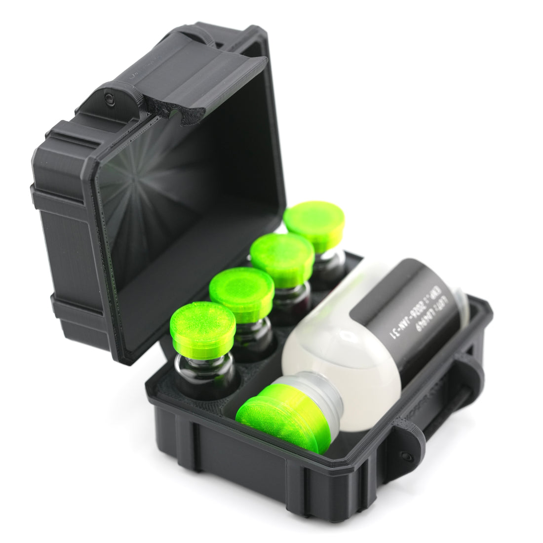 Black vial case box with green and white lures on a white background