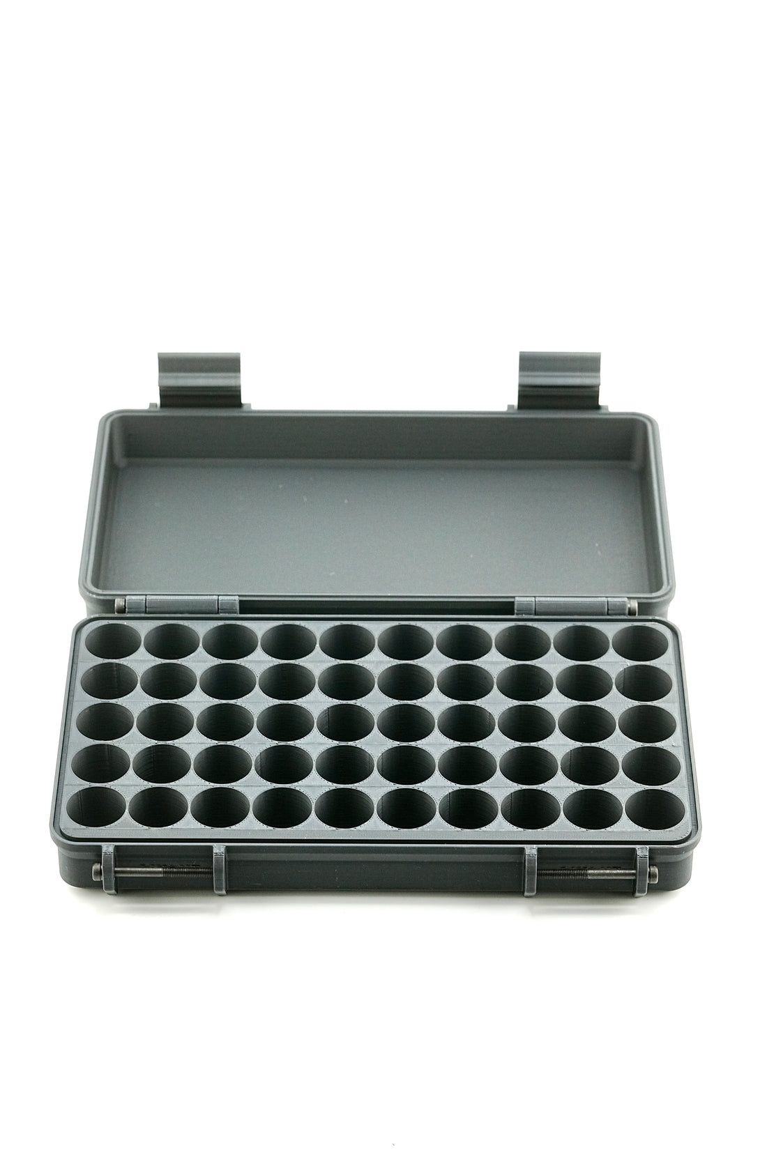 50-slot 3 ml vial organizer, side view of case depth and hinges