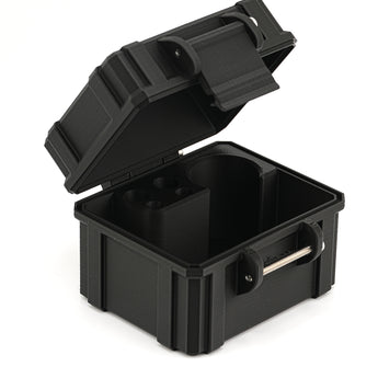 Black hard-shell protective case with open lid on a white background