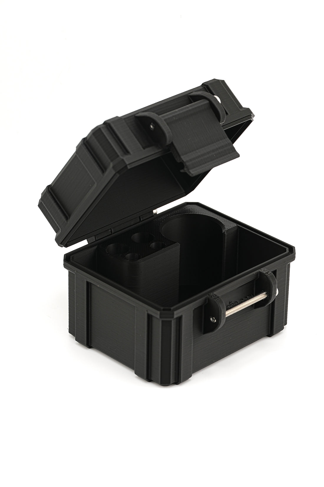 Black hard-shell protective case with open lid on a white background