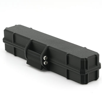Black rectangular syringe case with a strap on a white background