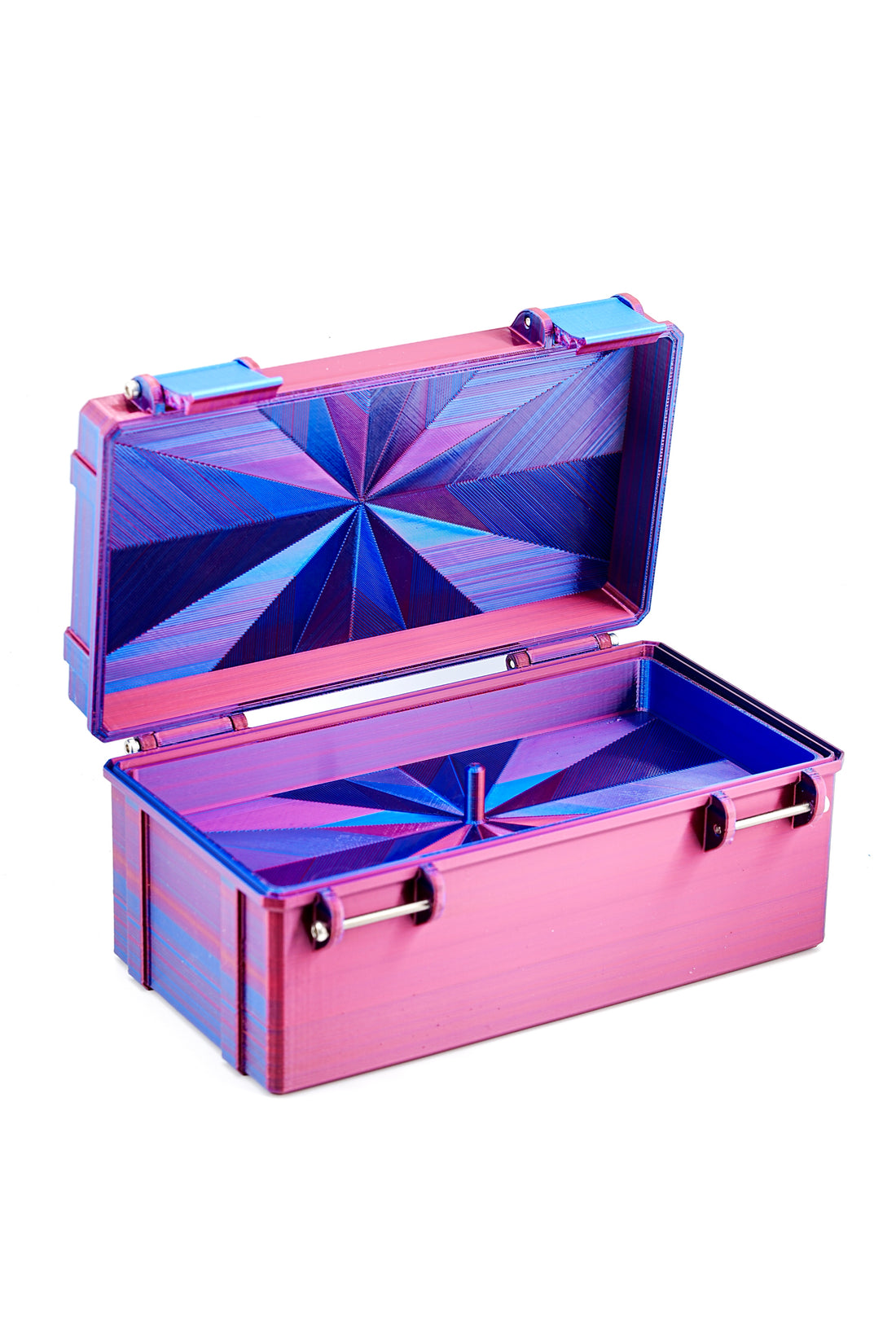 Pink and blue metallic case with a geometric design on a white background