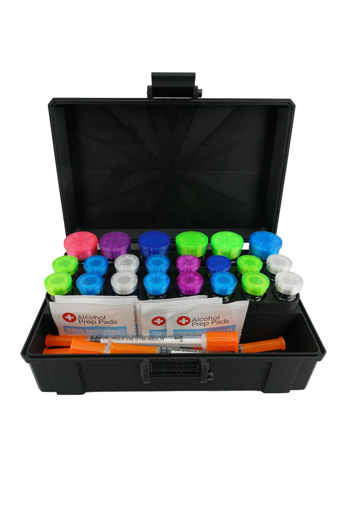 Pro Mini Vial Vault open — dual-size precision-cut slots for 3 mL and 10 mL bottles