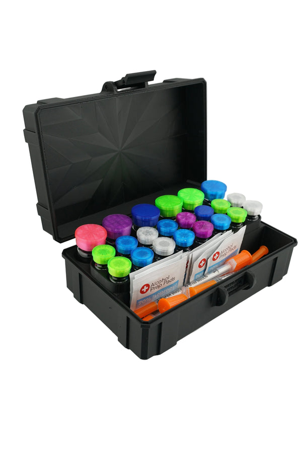 Pro Mini Vial Vault | 16-Slot 3 mL + 6-Slot 10 mL with Storage | Hard-Shell Combo Organizer