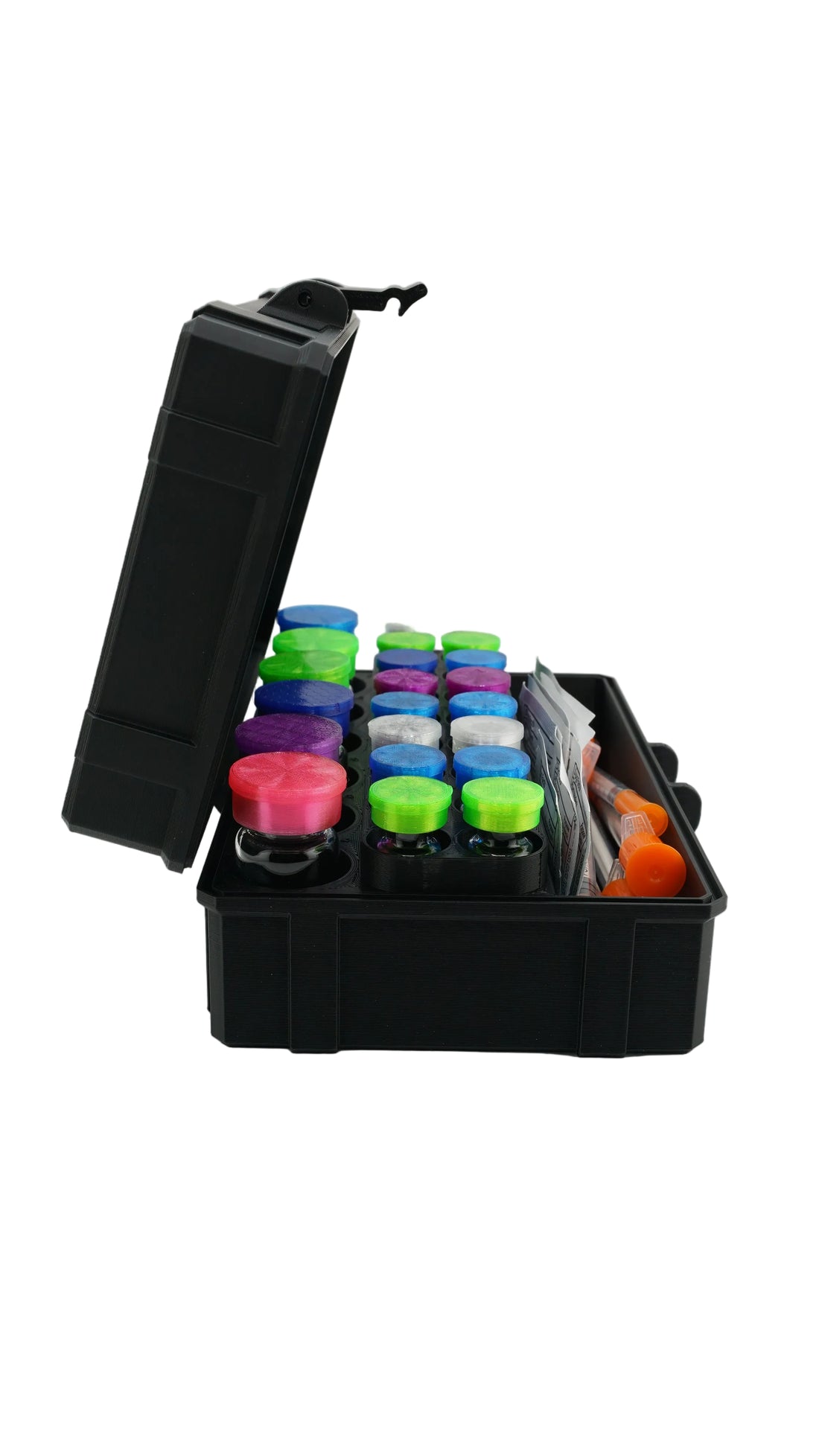 Pro Mini Vial Vault interior layout — 16 × 3 mL slots plus 8 × 10 mL slots