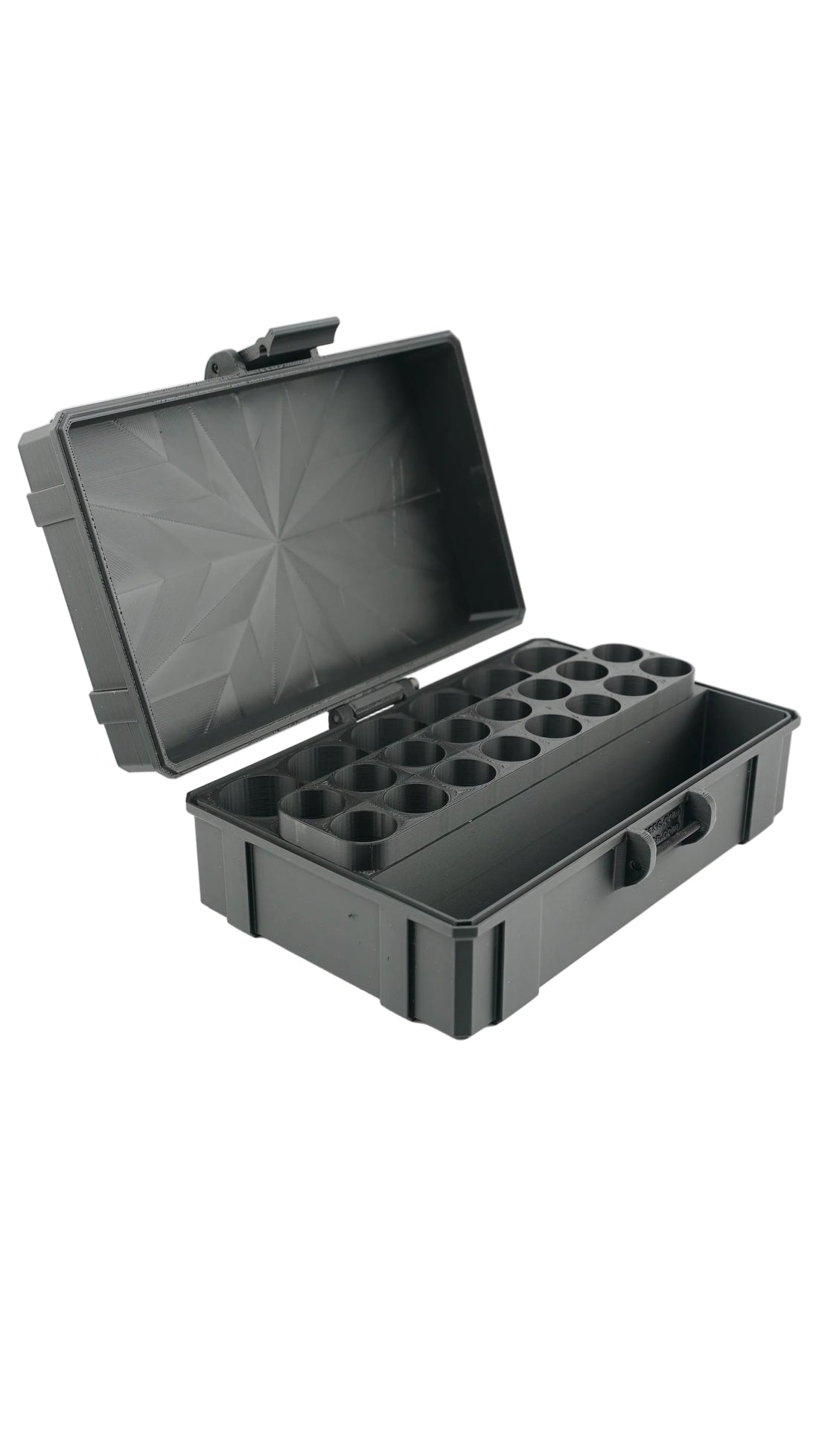 Pro Mini Vial Vault dual-size slot close-up — precision-cut bottle openings
