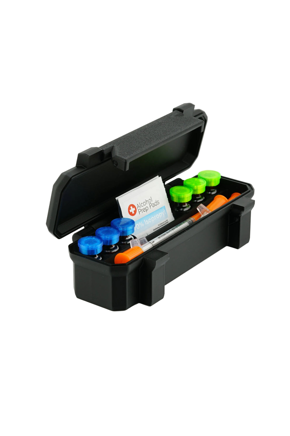 6-slot 3 mL vial case open showing precision-cut upright slots and accessory compartment
