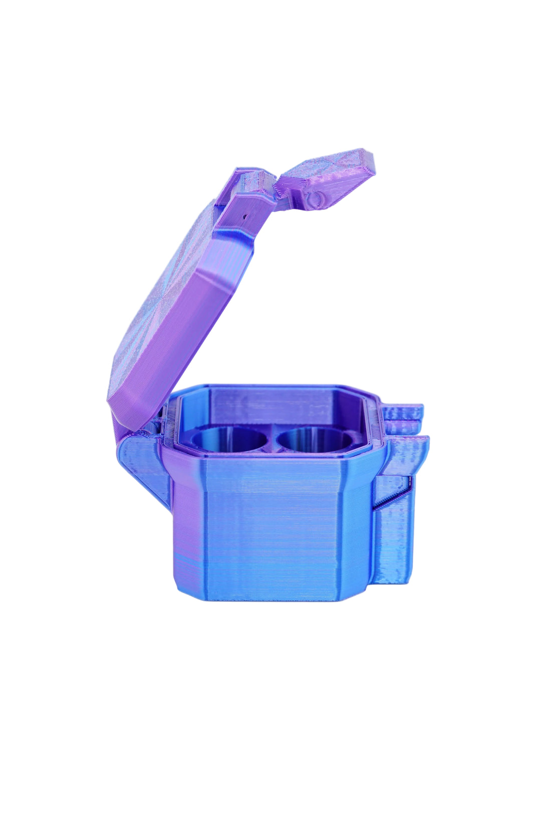Translucent blue and purple object on a white background