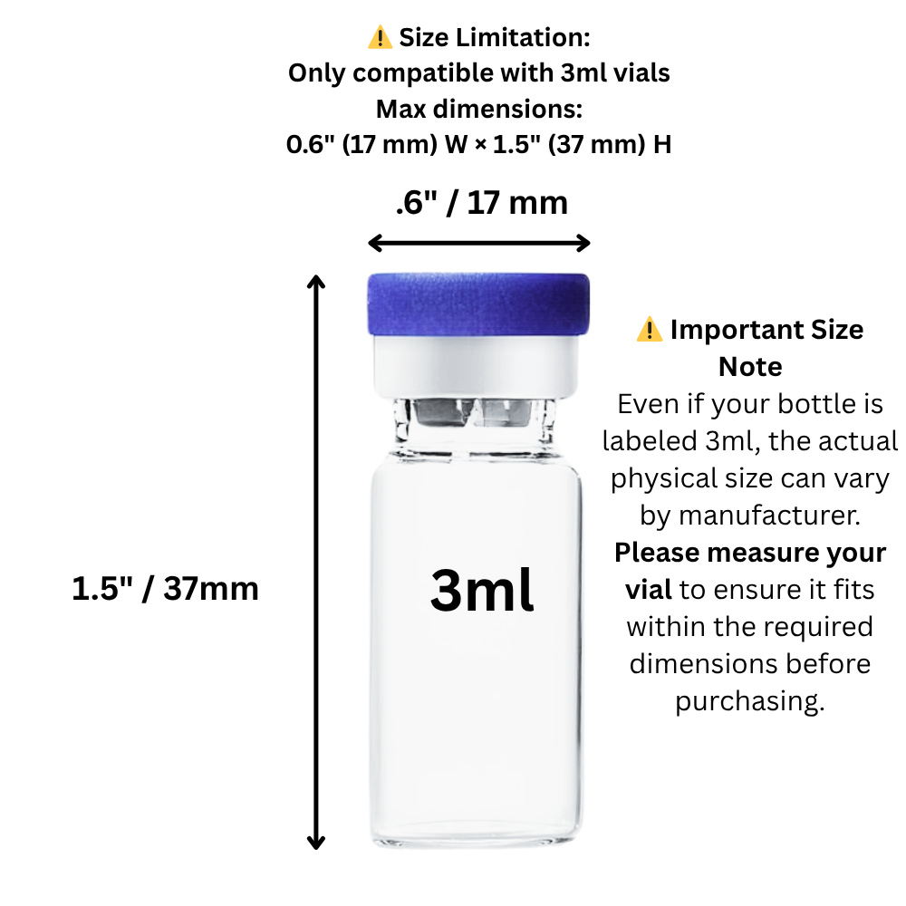 3ml vial with dimensions and compatibility information on a white background