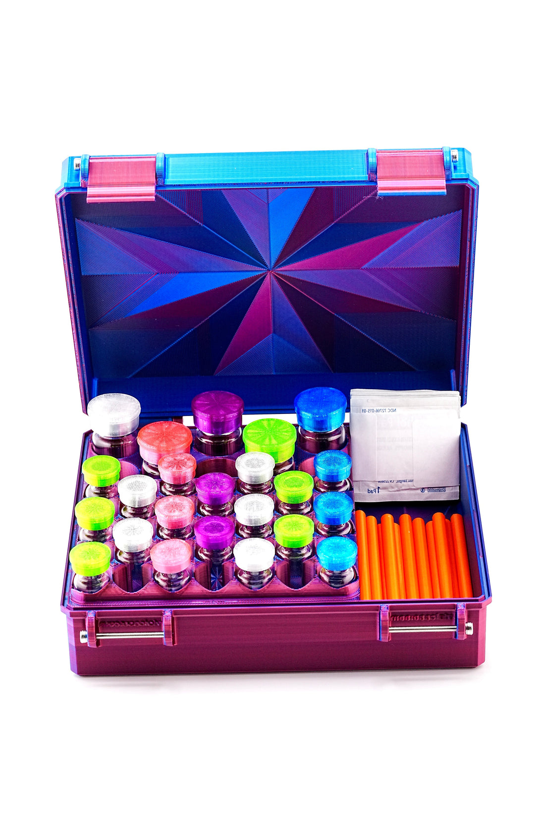 Colorful lab sample set in a blue and pink case on a white background
