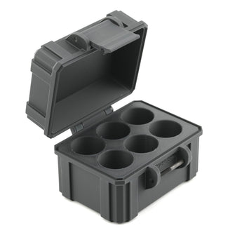 Gray plastic container with six cylindrical compartments on a white background
