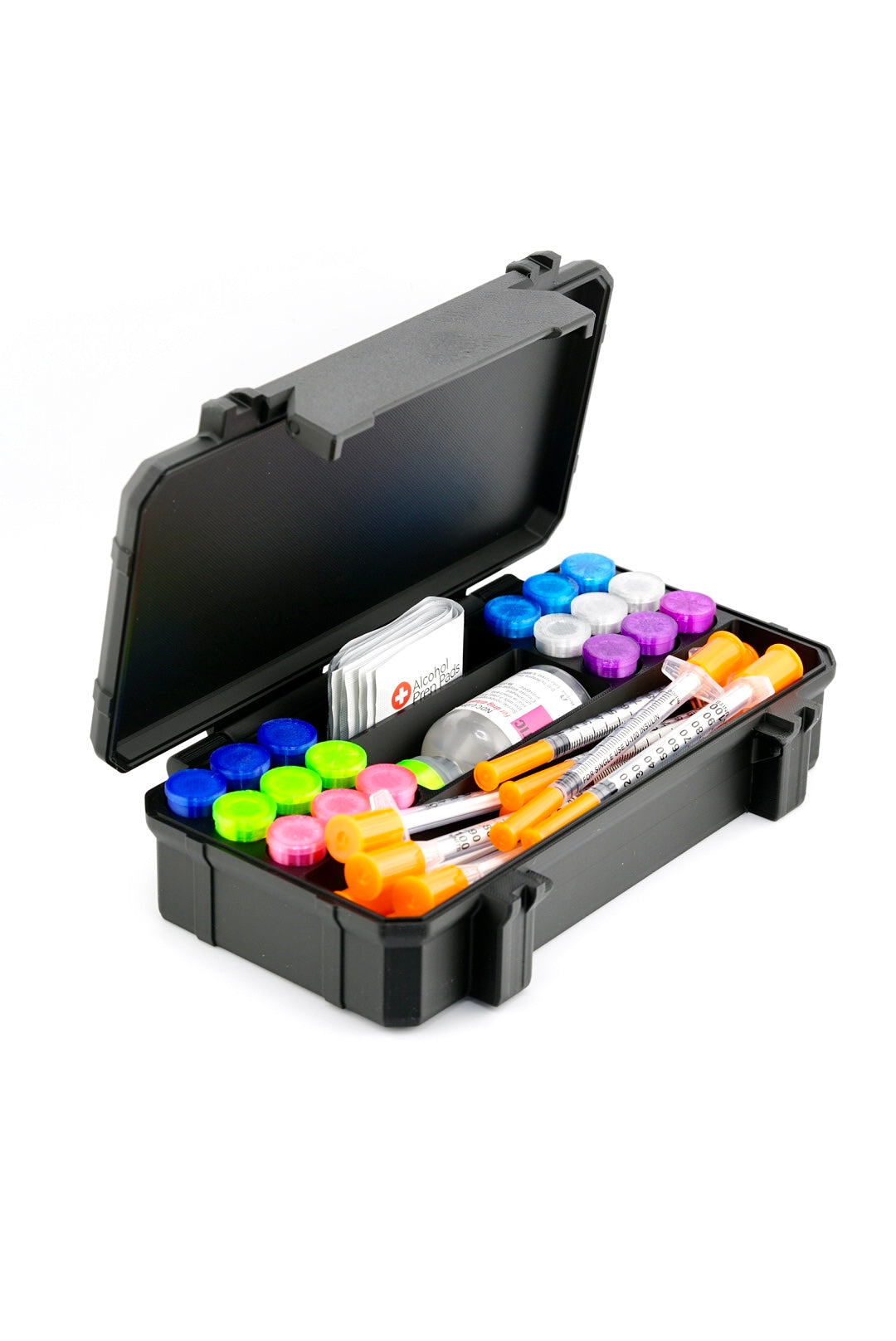 Rugged 18-Slot 3 mL Vial Case + BAC Slot + Syringe; Pad Storage shown closed from the front — exterior product view