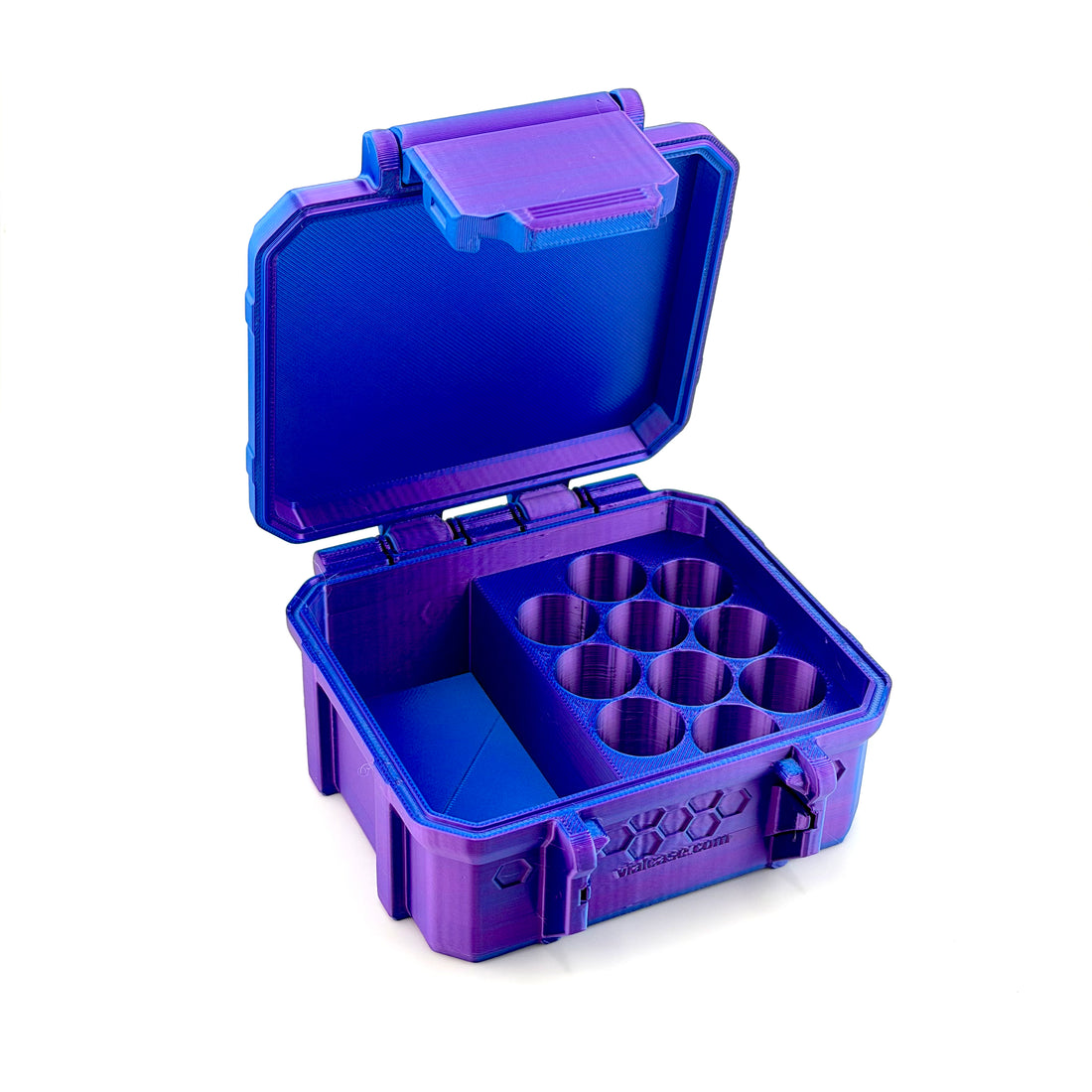 Open blue and purple 3D-printed hard case with ten small vial slots and one large slot.