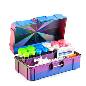 Colorful open toolbox with various items on a white background