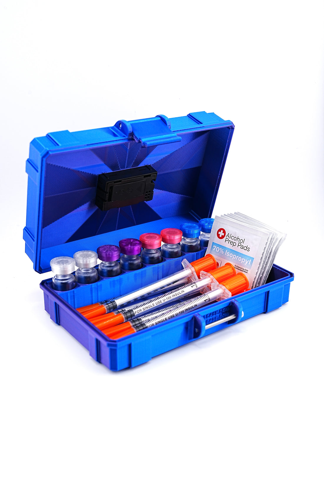 Blue toolbox with various items including syringes and vials on a white background