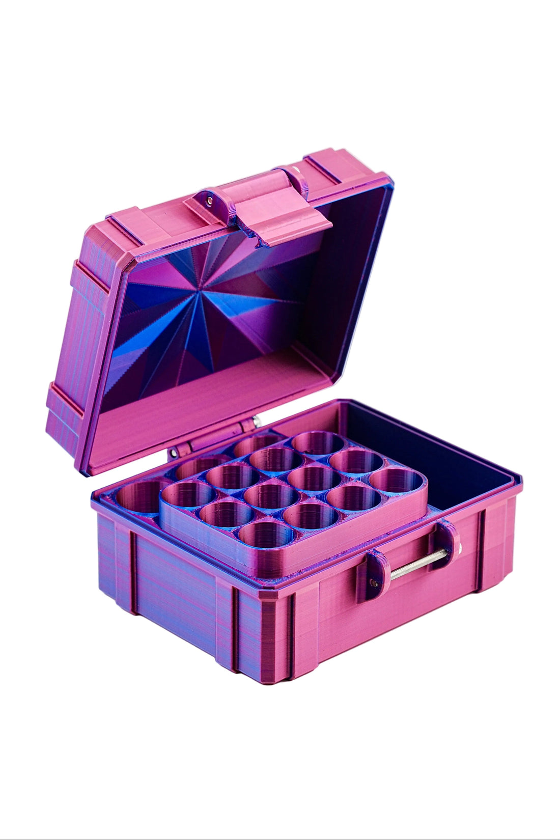 Pink and blue storage case with compartments on a white background