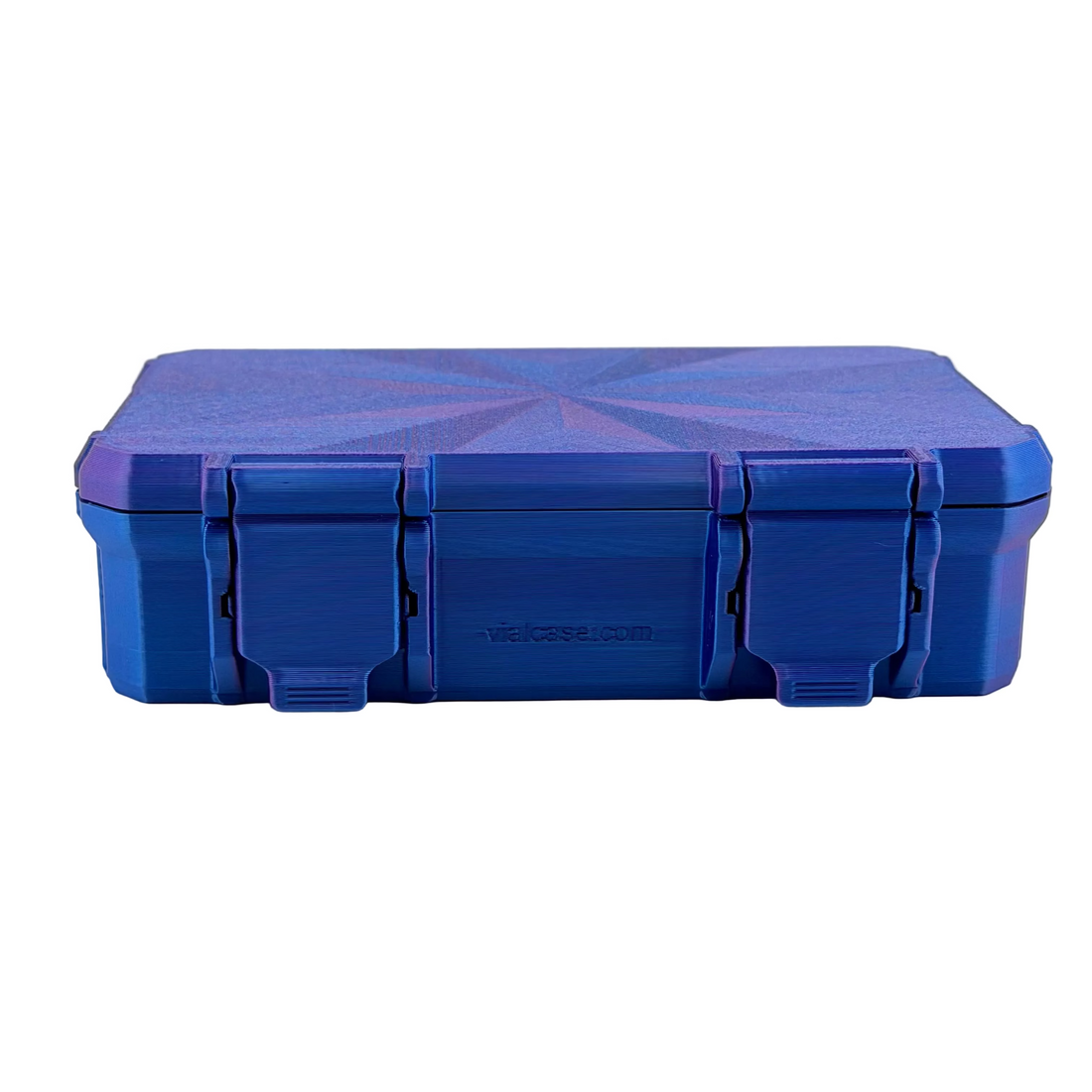 Closed purple and blue 3D-printed hard-shell vial case shown from the front with two latches securely fastened.