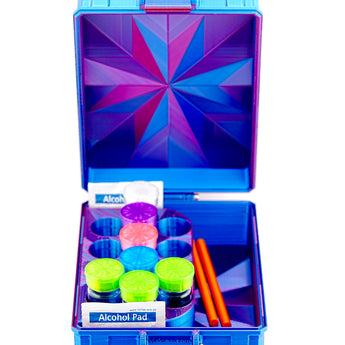Open RGB metallic hard-shell vial storage case holding 13 ten-milliliter vials and accessories