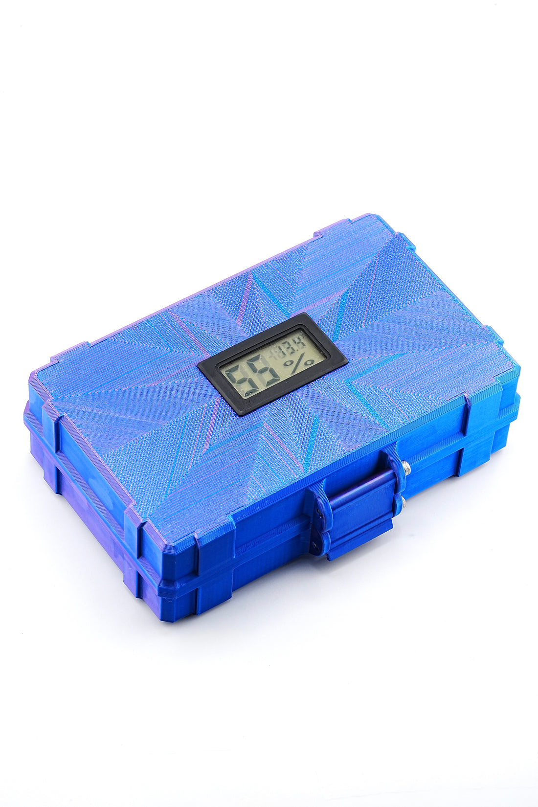 Blue digital thermometer case with digital display on a white background