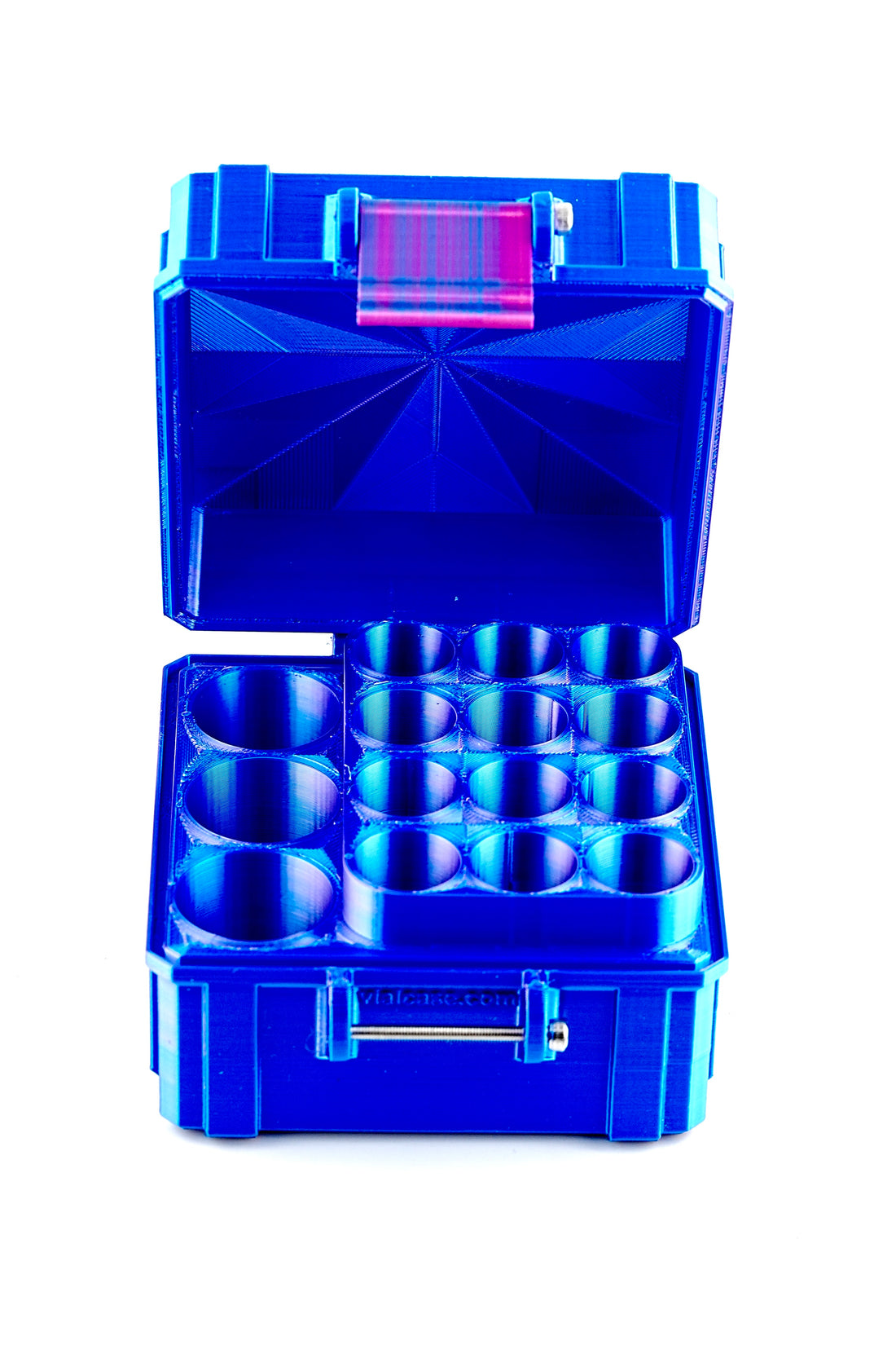 12-slot 3 ml vial organizer, three-quarter angle showing case profile