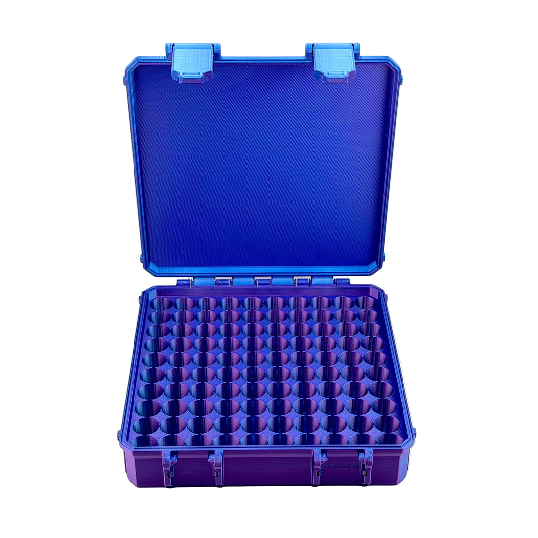 Open blue and purple 3D-printed storage case showing an empty grid of 100 round vial slots.