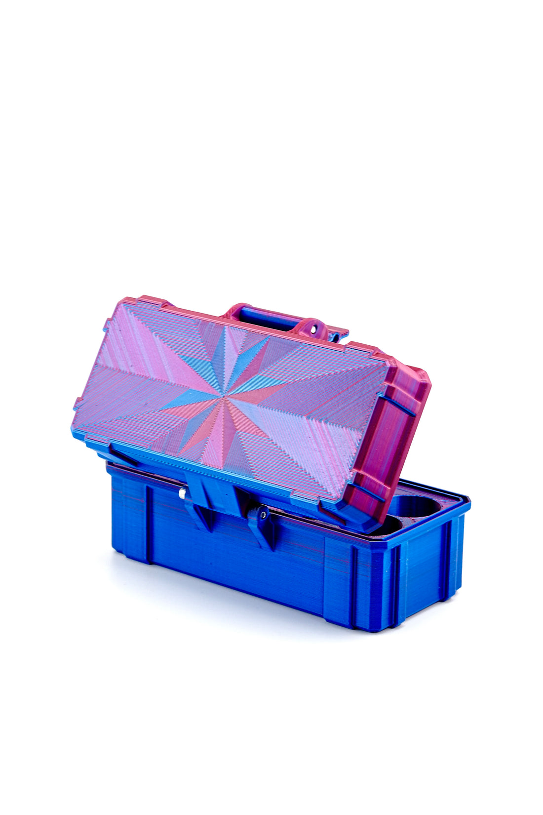 Angled view of open travel hard case showing interior vial slots