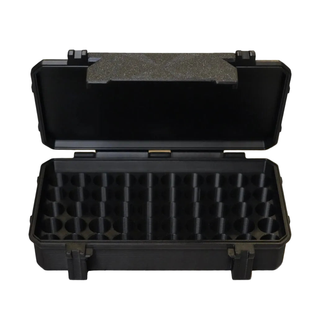 Black rugged 50-slot 3 mL vial case open and empty, showing precision vial slots and foam-lined lid