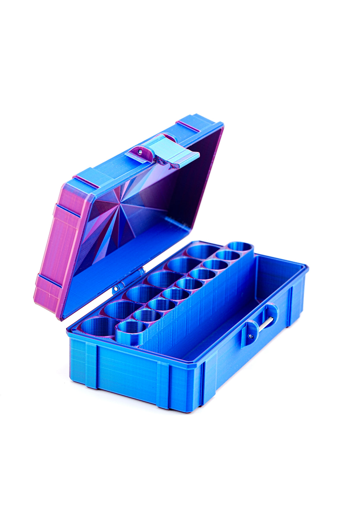 Open blue vial storage case with empty vial slots