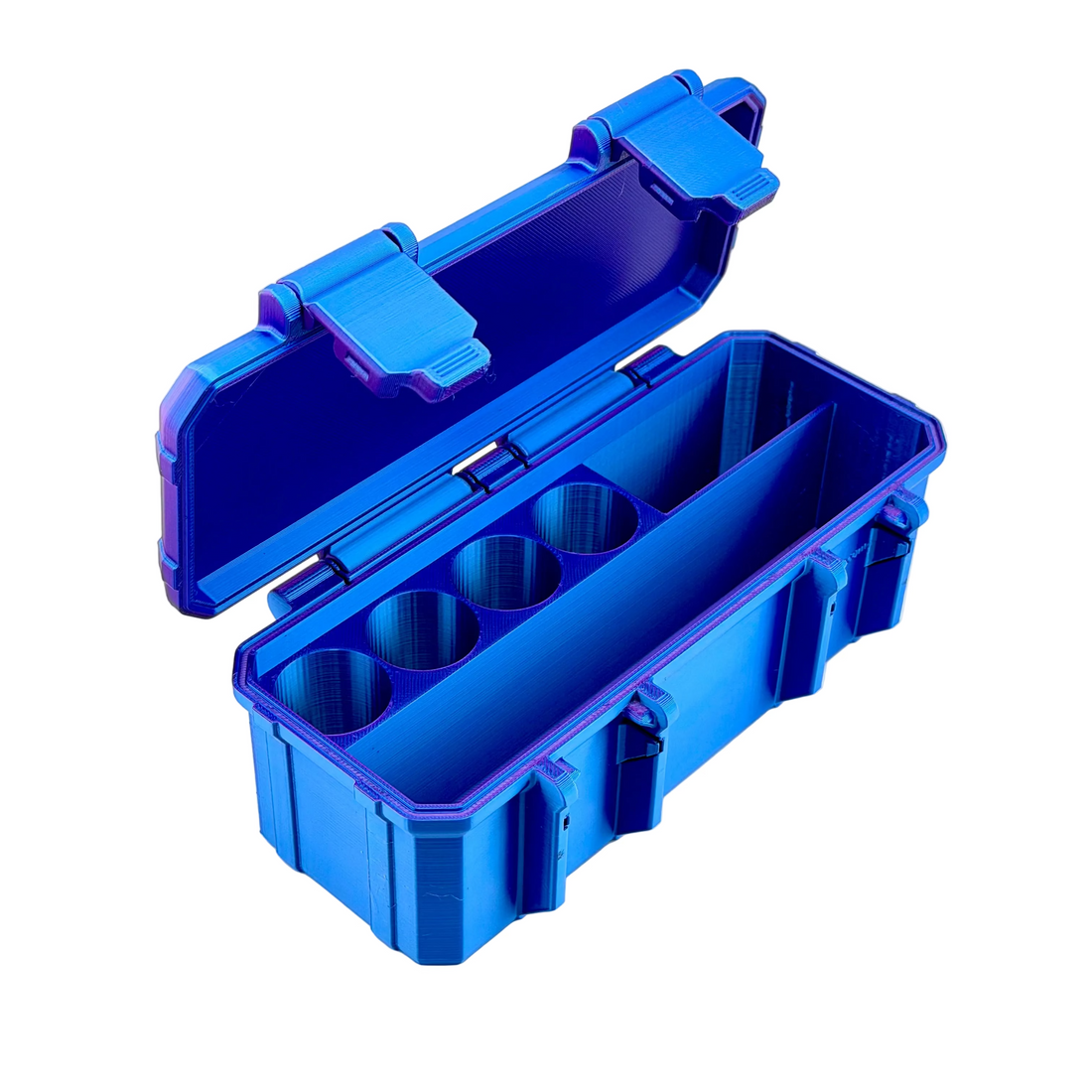 Open blue hard-shell case showing four round vial slots beside an empty storage compartment.