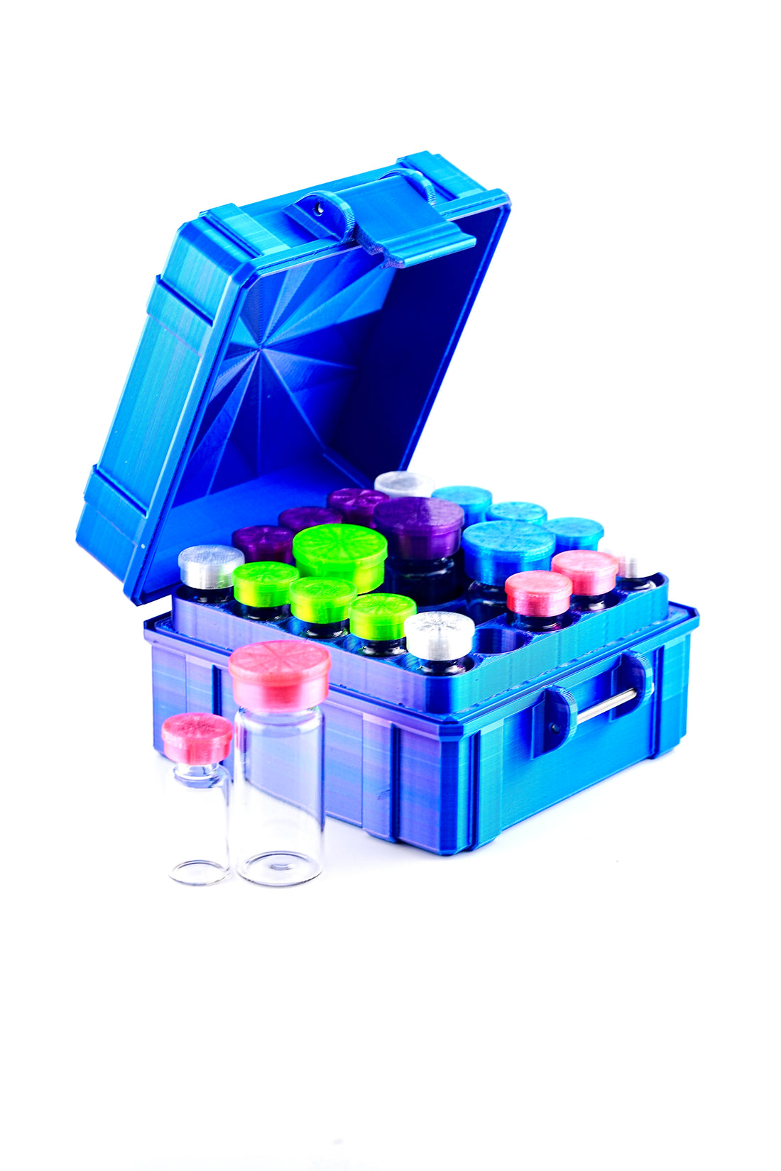 Blue sample holder with colorful vials on a white background
