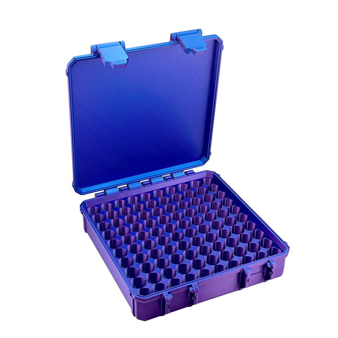Open metallic blue and purple 100-slot vial case showing empty circular compartments and upright lid.