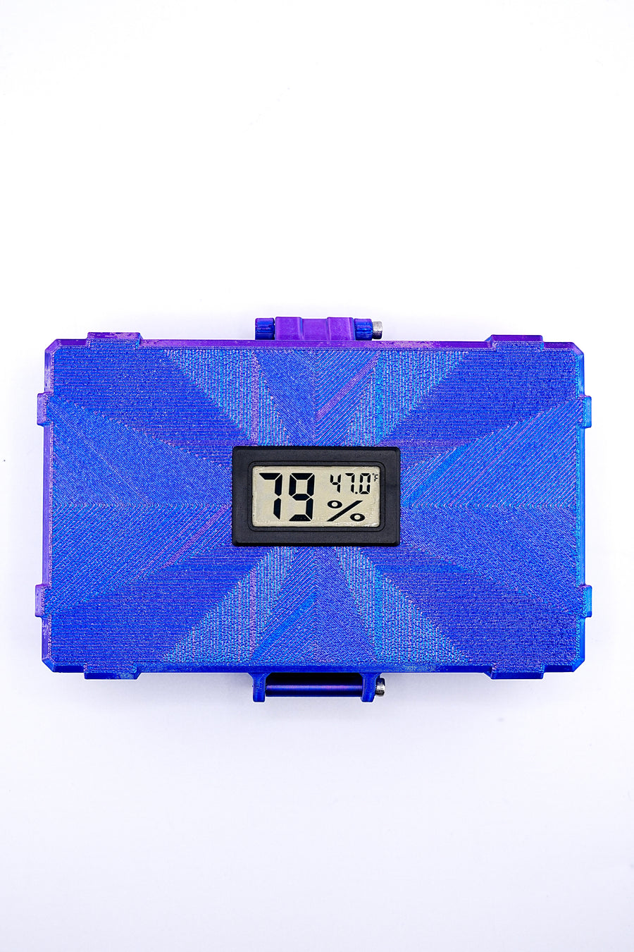 Blue digital thermometer with a clear cover on a white background