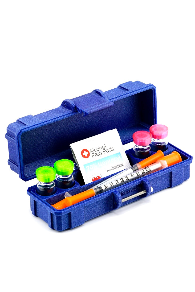 4-Slot 3 ml or 10 ml vial case with a dedicated compartment for syringes and alcohol pads, GLP-1 and peptide organizer