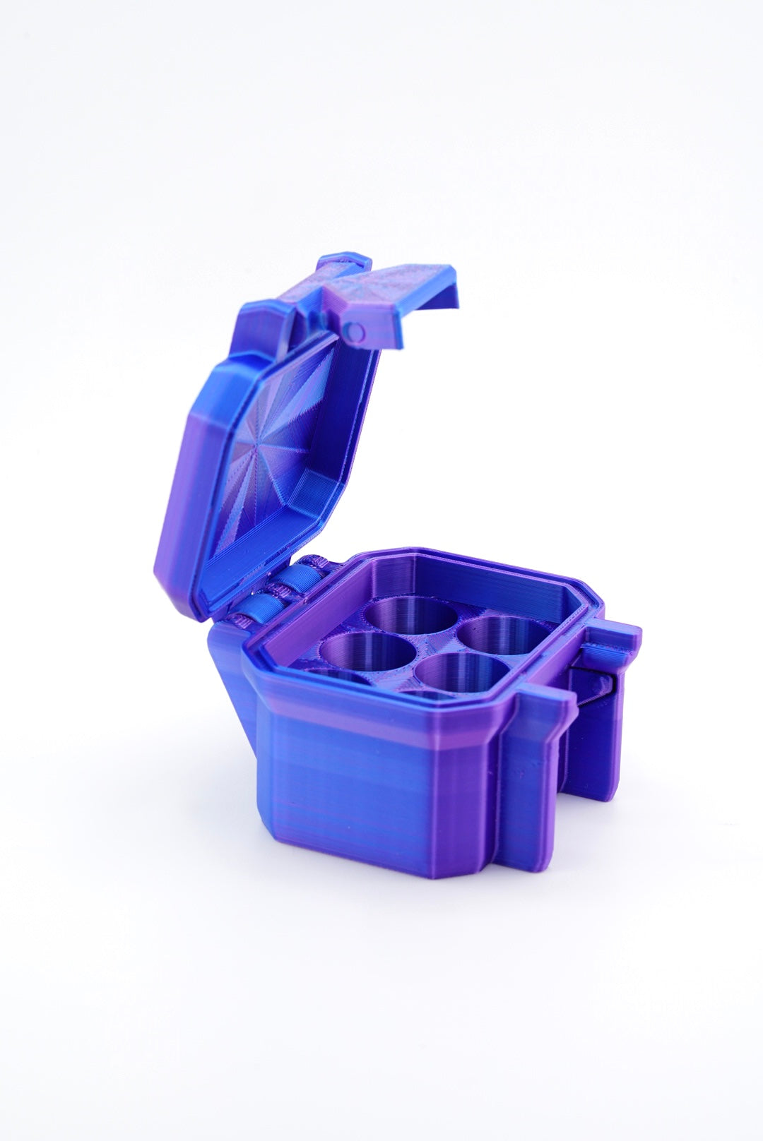 6-slot 3 ml vial organizer, opened to reveal interior storage slots