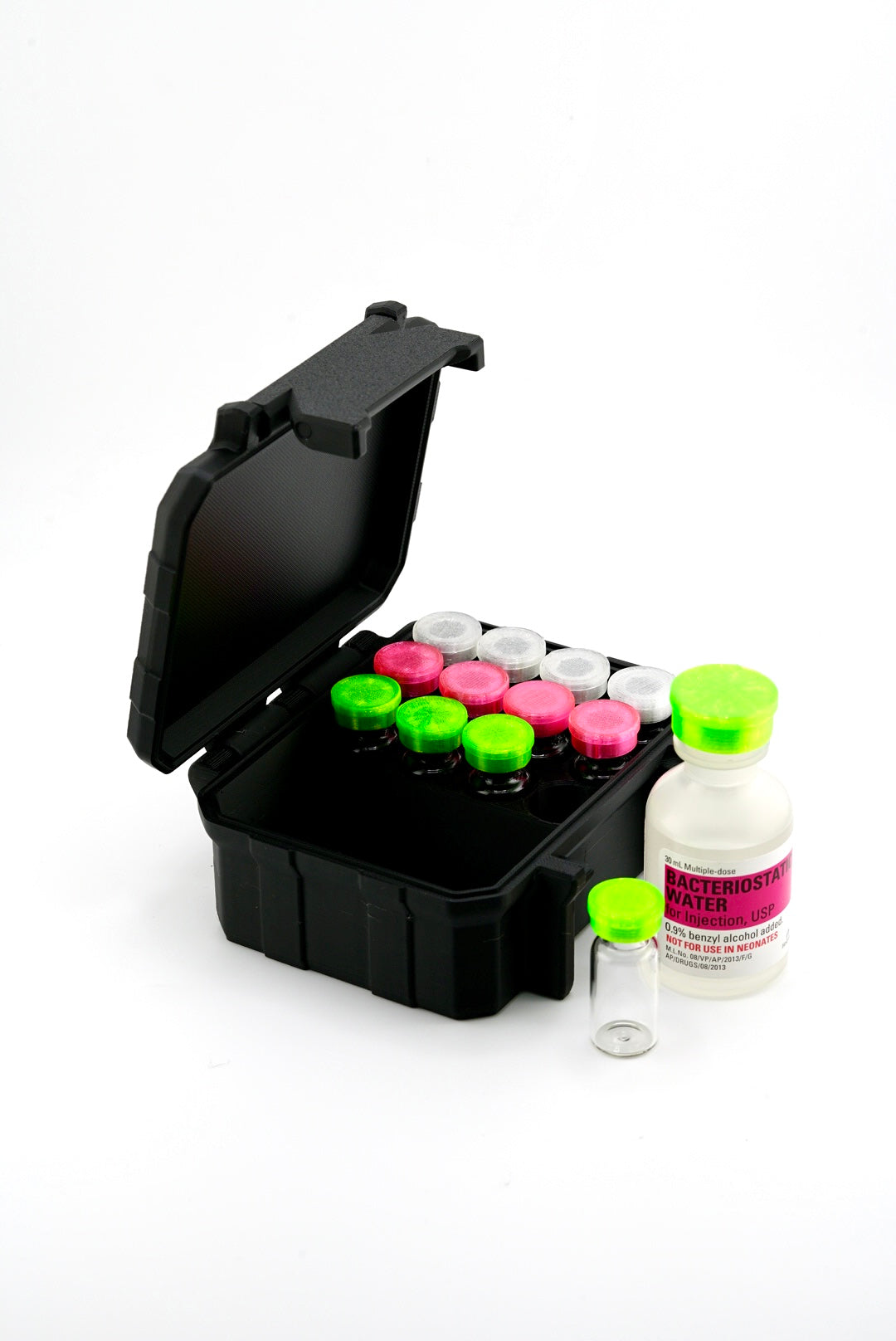 Compact rugged 12-slot 3 mL vial organizer with BAC slot for GLP-1 and research supplies