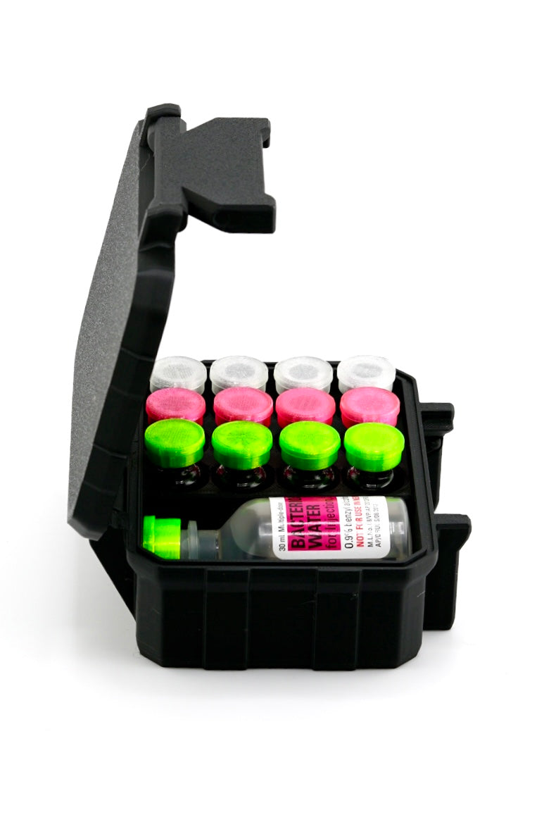 Rugged 12-slot vial case with BAC slot — durable hinge-free hard shell for travel